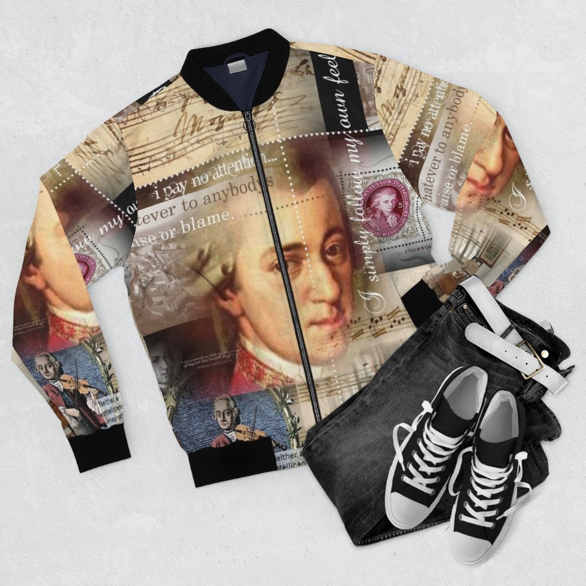 Mozart Inspired Bomber Jacket - Celebrate the Musical Genius of the Classical Composer - Flat lay