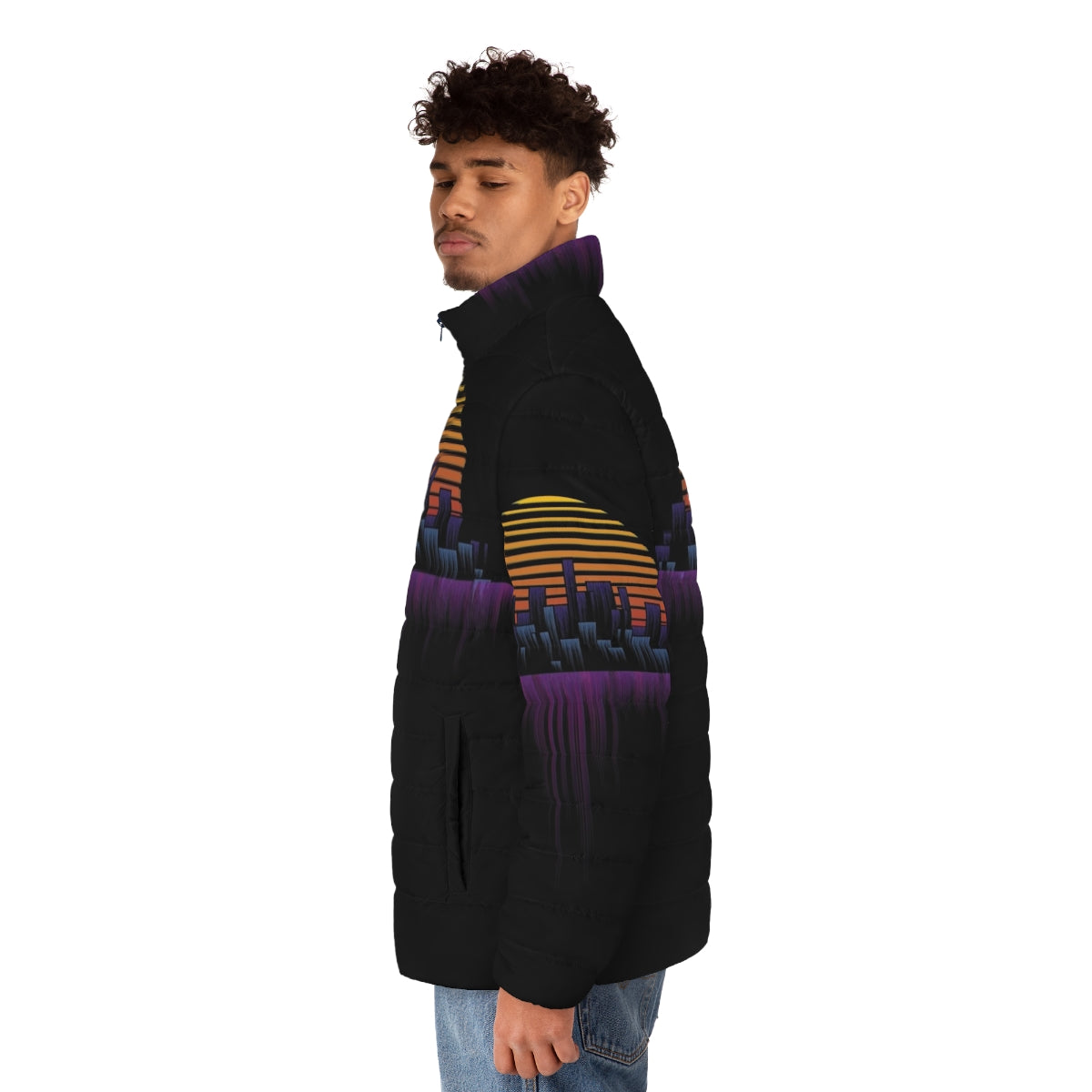 Retrowave City Soundwave Puffer Jacket - Synth-inspired puffer jacket in a retro, neon aesthetic - men side left