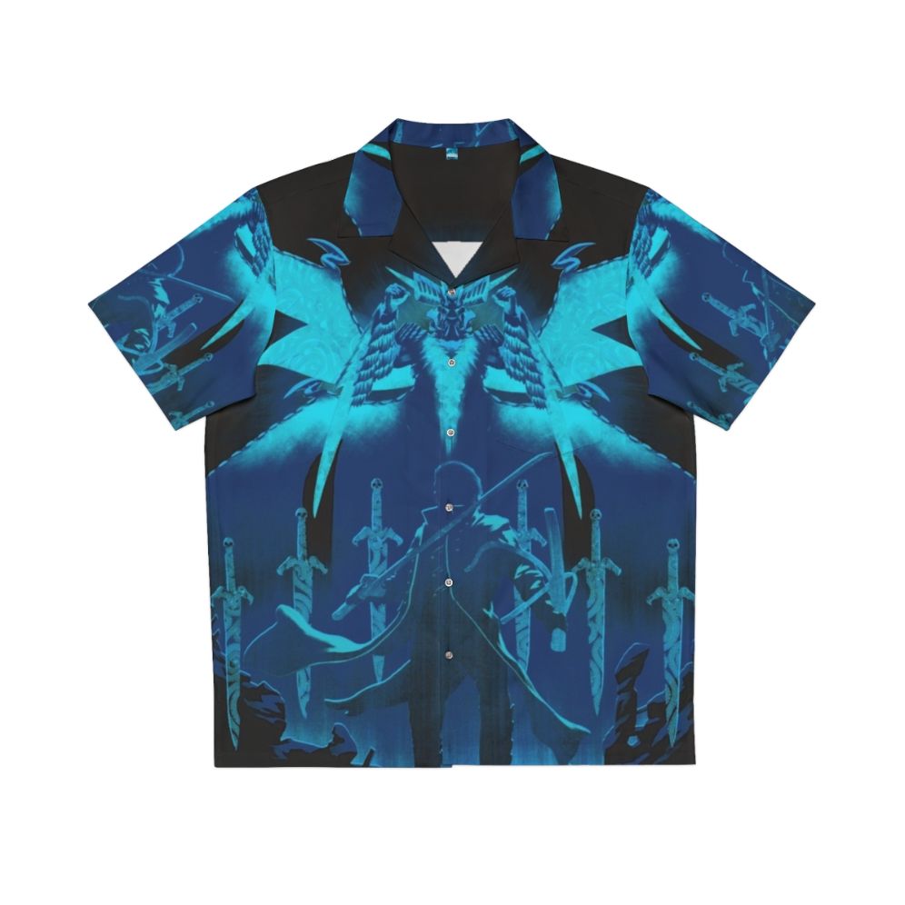 Vibrant blue Hawaiian shirt with tropical floral print for gaming and pop culture fans