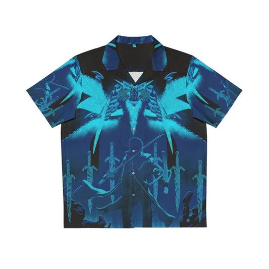 Vibrant blue Hawaiian shirt with tropical floral print for gaming and pop culture fans