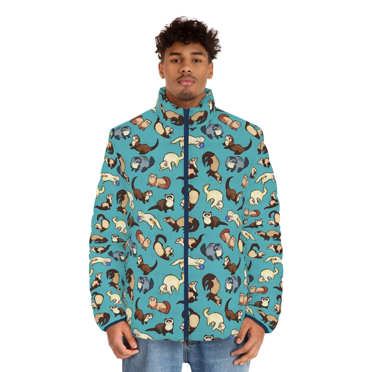 A blue puffer jacket with a cute cat snake pattern, perfect for ferret lovers - men front