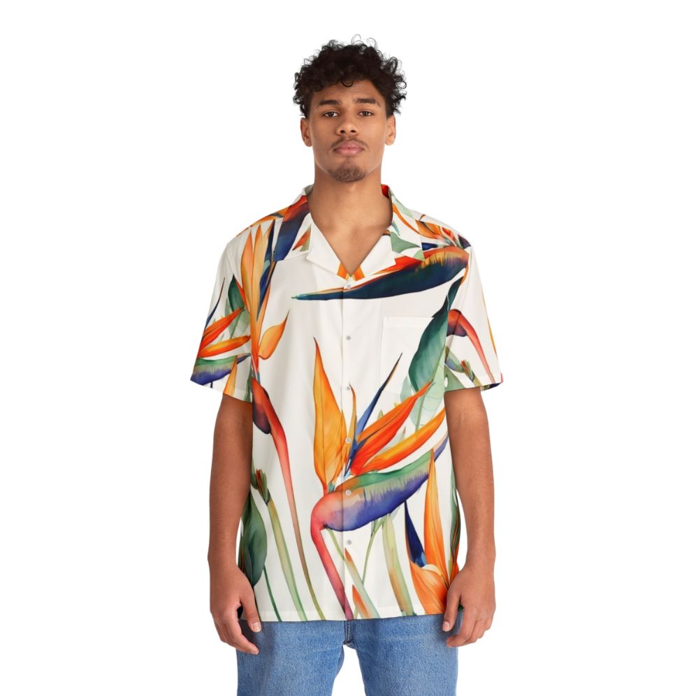 Colorful birds of paradise print on a hawaiian style shirt - People Front