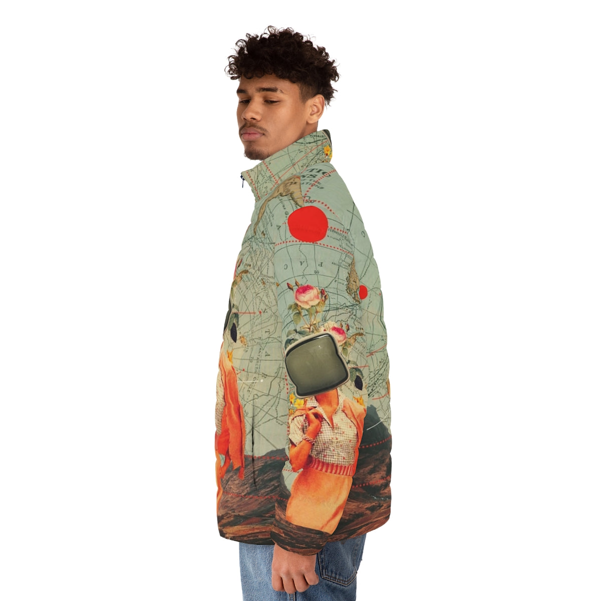 Retro graphic design puffer jacket with surreal collage elements - men side left