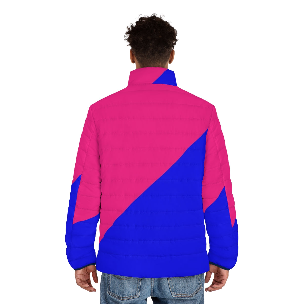 Woman wearing a pink and blue half and half puffer jacket by Enid Guinn for littlefluff545 - men back