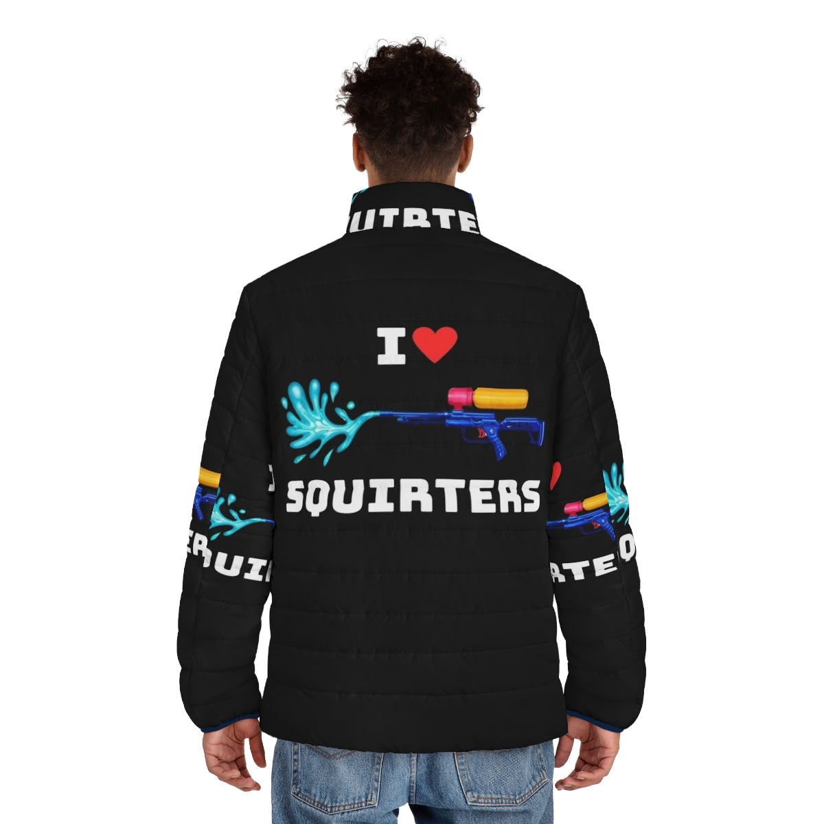 Squirrel lover puffer jacket with "I Love Squirters" graphic - men back