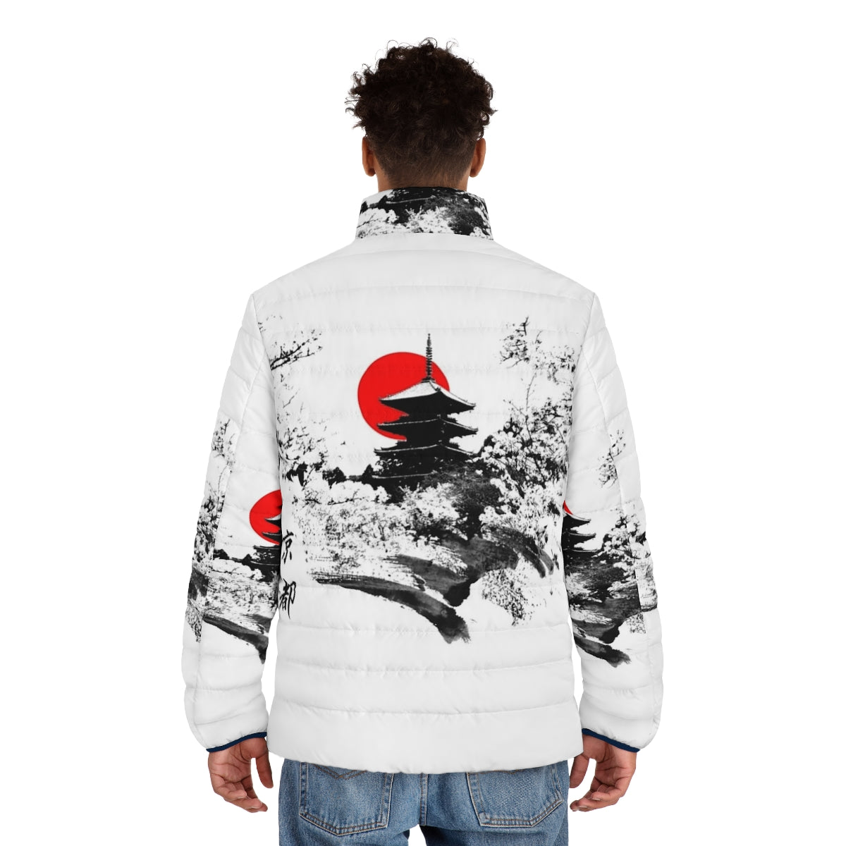 Japan Kyoto Puffer Jacket with Japanese Landmarks and Fashion Icons - men back