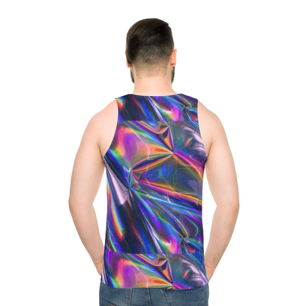 Holographic unisex tank top with iridescent, color-shifting material - men back