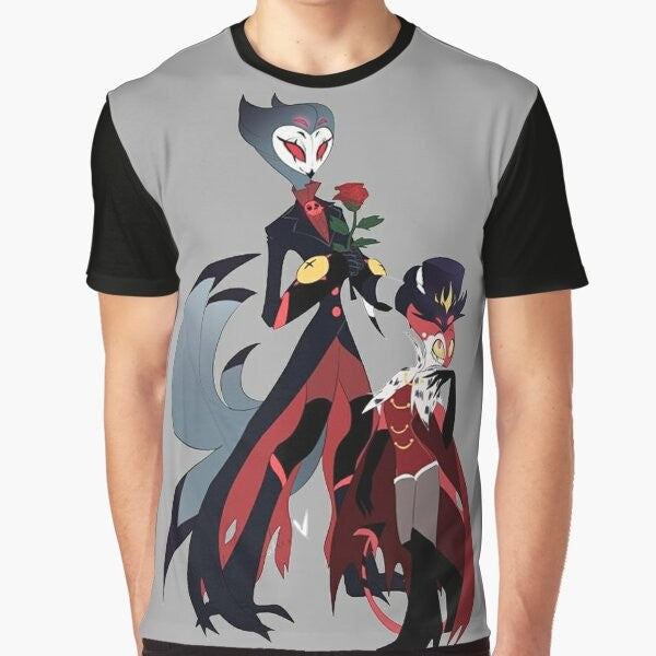 Helluva Boss Stolas Graphic T-Shirt featuring the character Stolas from the popular Helluva Boss animated series.