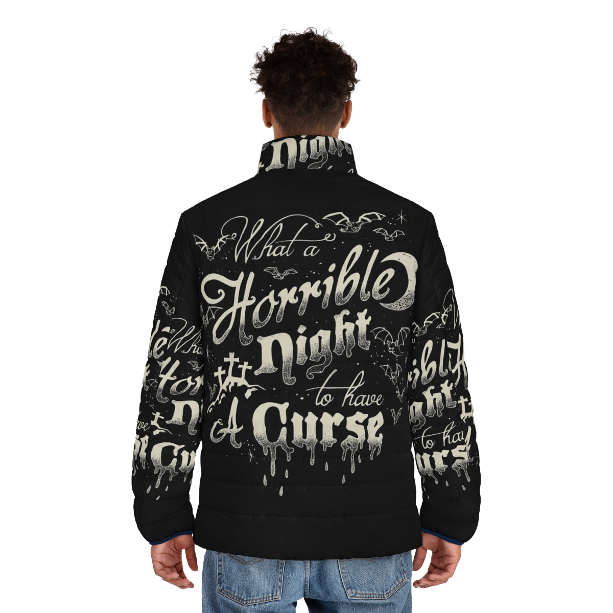 A Castlevania-themed puffer jacket with a "A Horrible Night To Have A Curse" typography design - men back