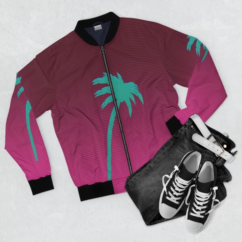 Hotline Miami Palmtree Bomber Jacket with a retro vaporwave design - Flat lay