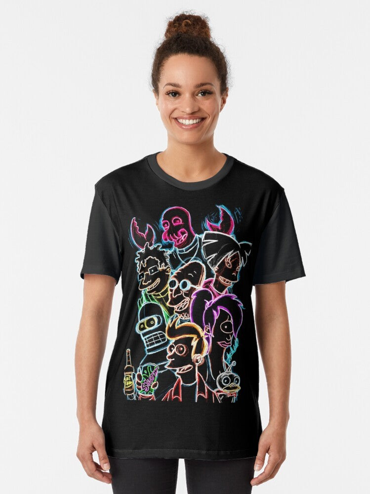 Futurama cartoon graphic t-shirt featuring Bender, Zoidberg, and other characters from the popular animated series - Women