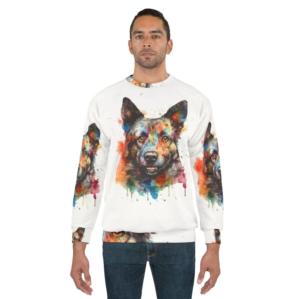 Bright watercolor painting of a Hungarian Mudi dog on a sweatshirt - men