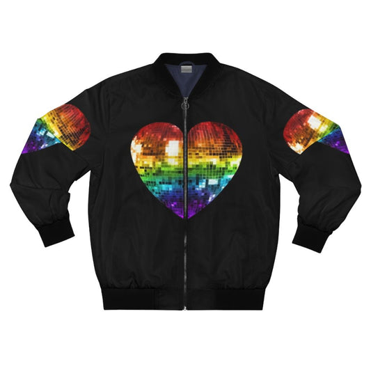 Colorful rainbow disco ball heart design on a bomber jacket