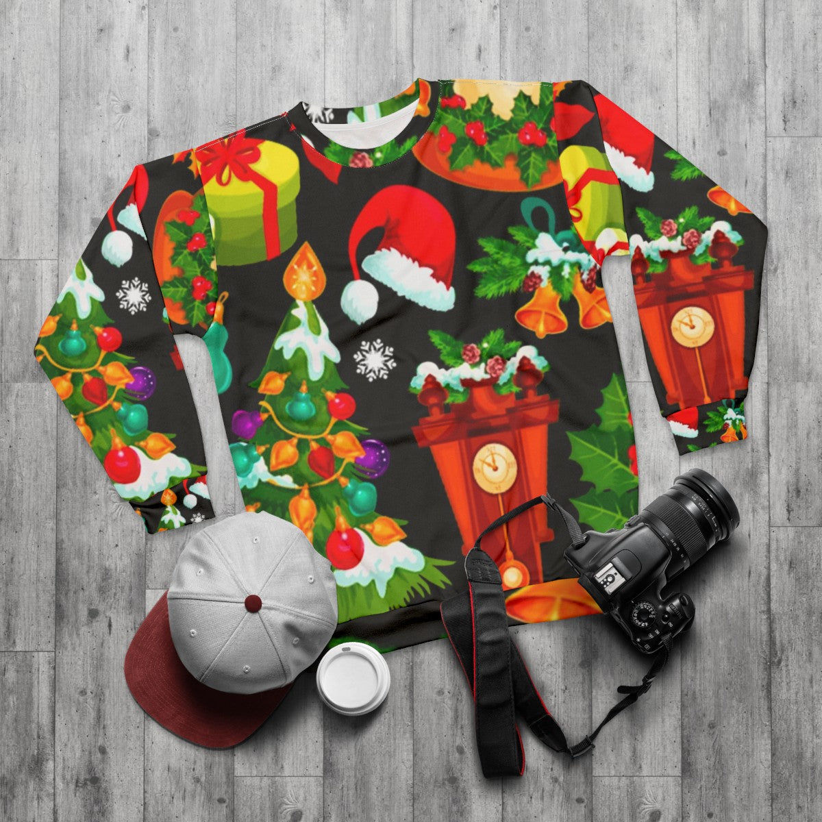 Cozy Christmas pattern sweatshirt with Santa, reindeer, and holiday designs - flat lay