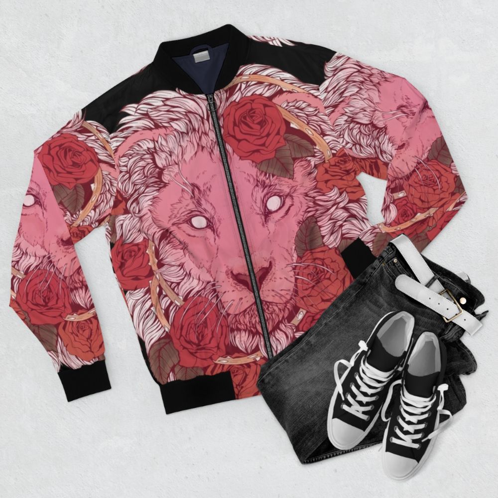 Lion of Roses Bomber Jacket featuring a majestic lion design with roses and glowing eyes - Flat lay