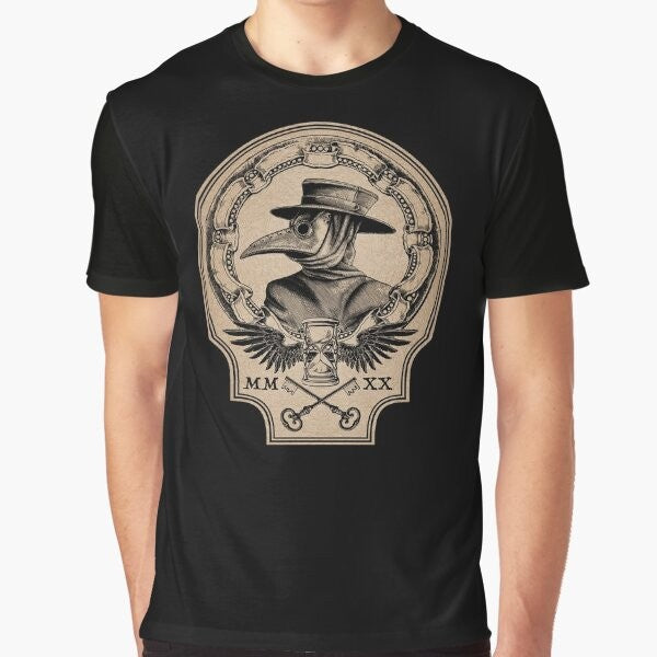 Vintage graphic t-shirt with plague doctor, raven, and medieval gothic design elements