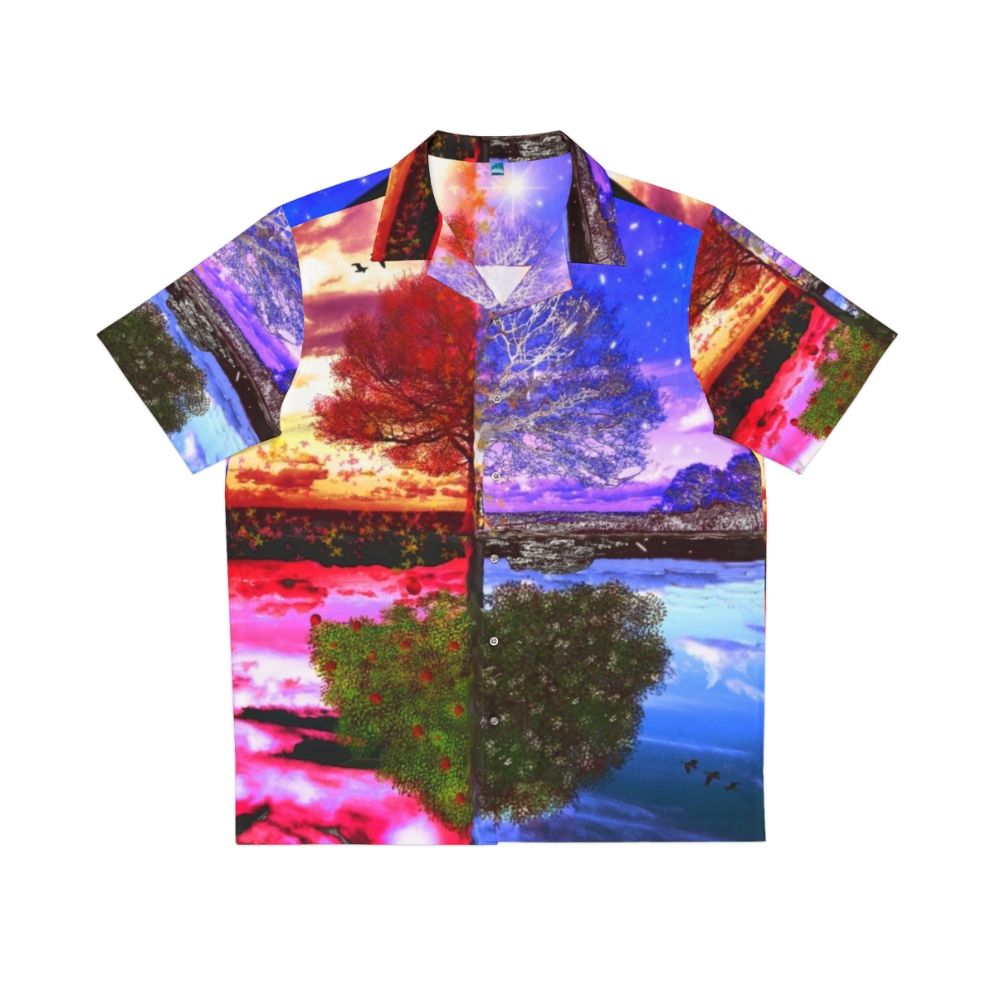 four seasons reflection nature hawaiian shirt with scenic trees