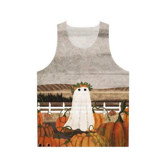 Unisex tank top with vintage pumpkins patch and ghost design