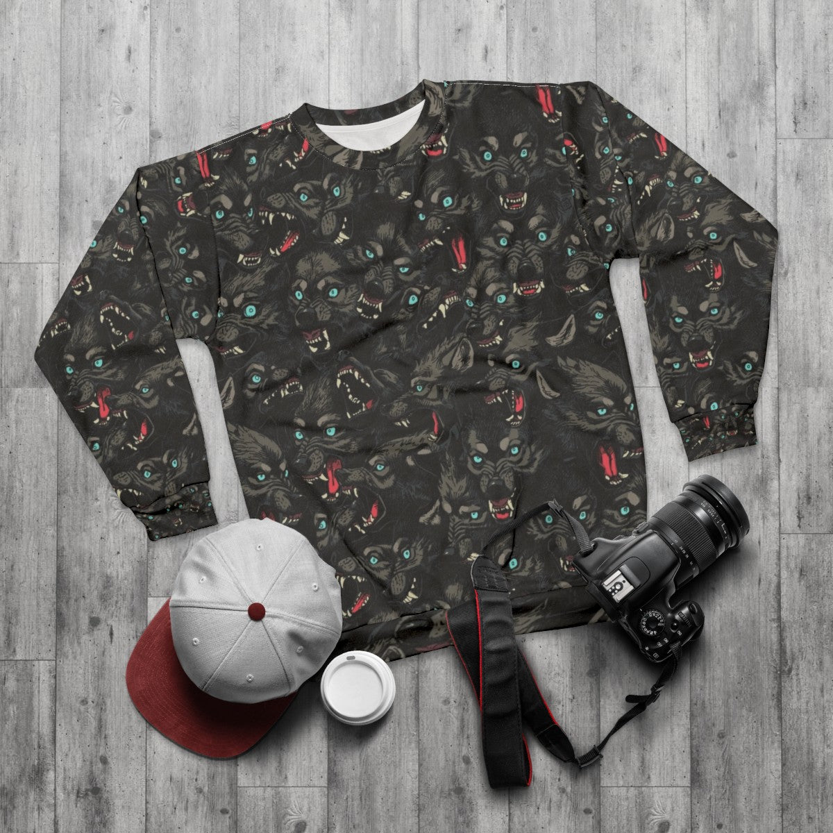 Dark Wolf Pack Pattern Sweatshirt - flat lay