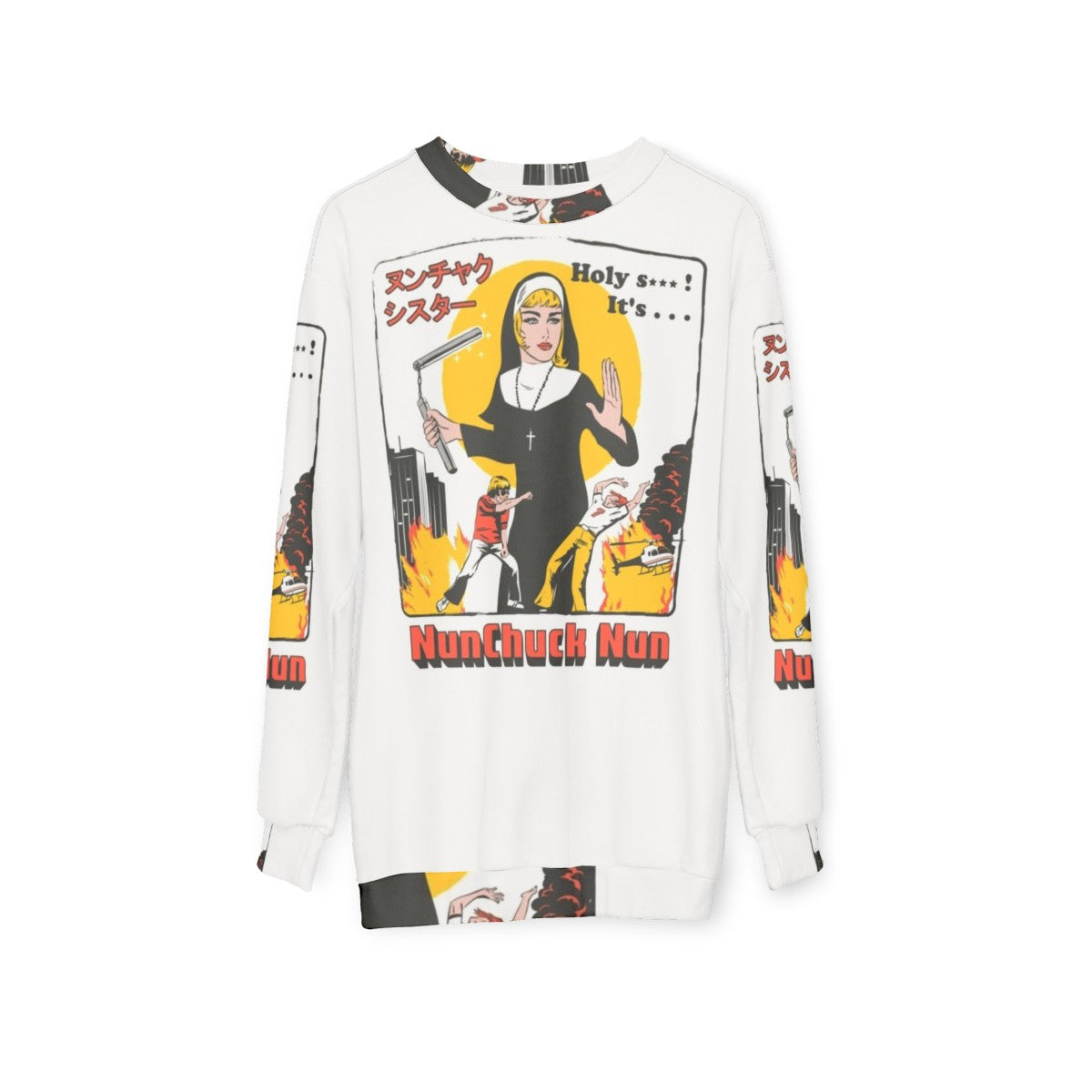 Nunchaku nun sweatshirt with retro pop culture design - hanging