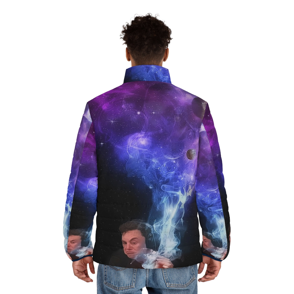 Elon Musk Puffer Jacket with a cosmic, space-themed design featuring smoking and the universe - men back