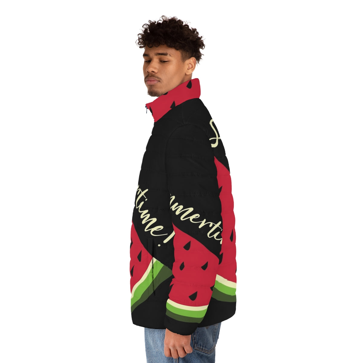 Watermelon design black puffer jacket - men side left