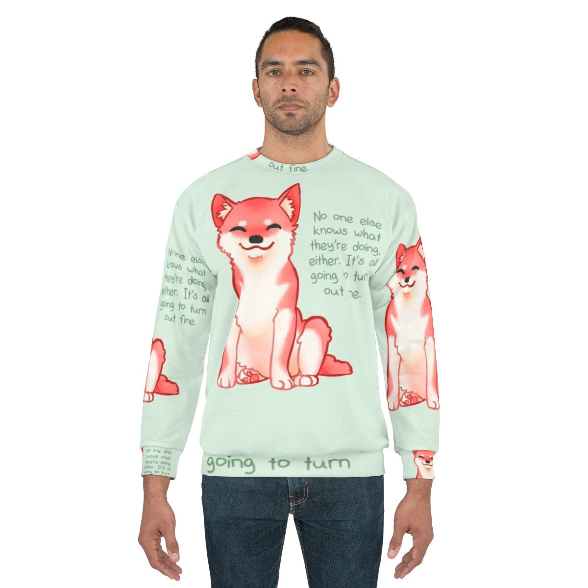 "Shiba Inu wearing a 'No One Knows' motivational sweatshirt" - men