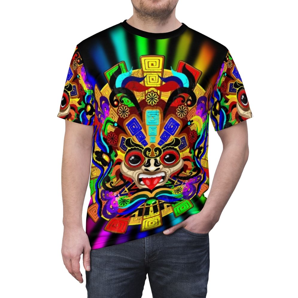 Colorful Aztec warrior mask design on a t-shirt - men front