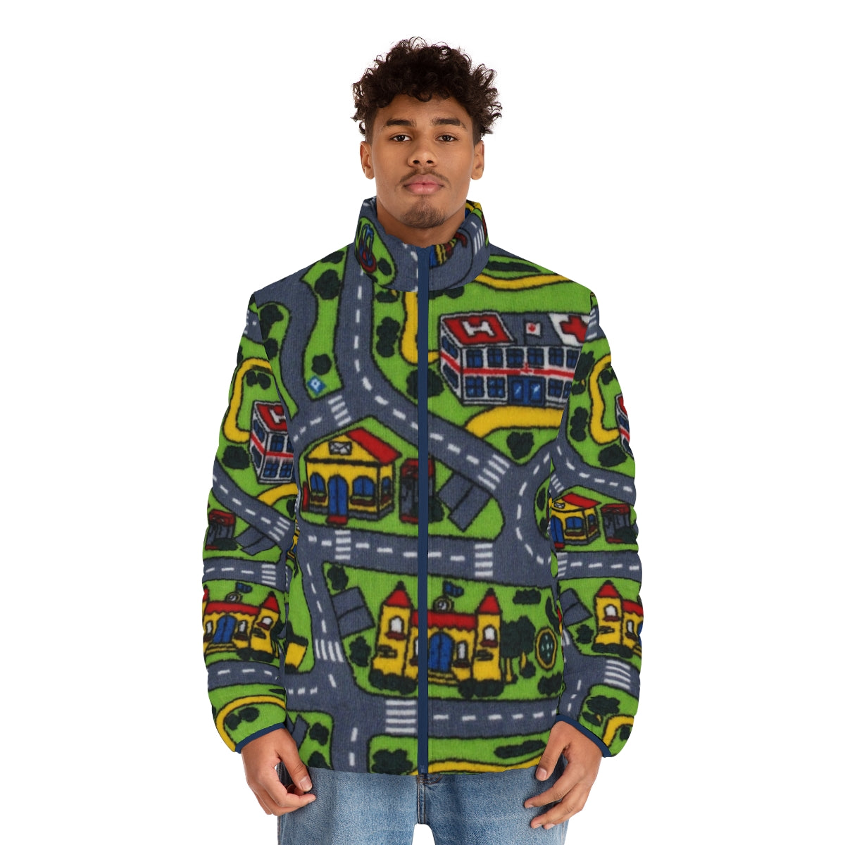 Retro 90s road carpet puffer jacket with nostalgic artsy design - men front