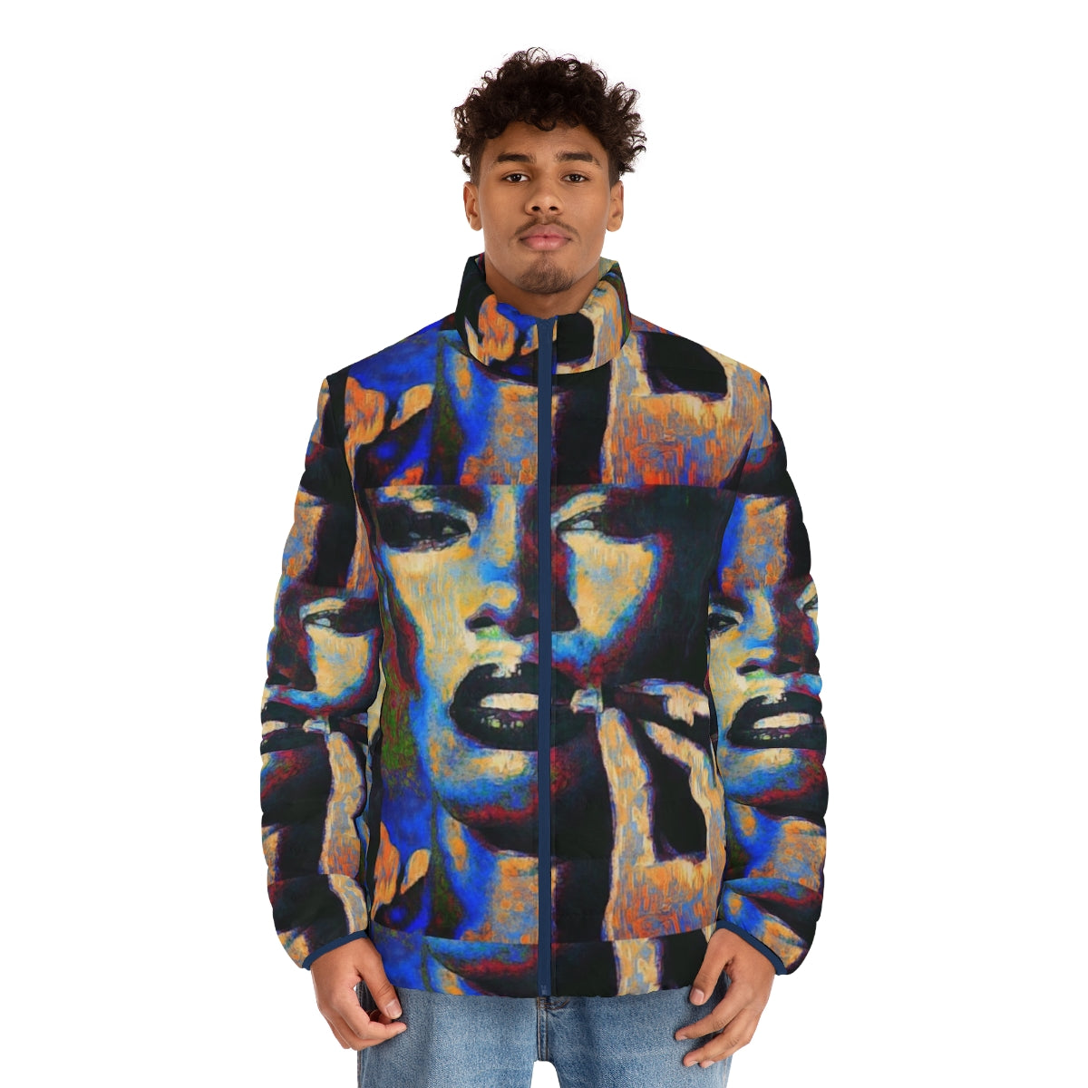 Grace Jones inspired puffer jacket with urban street art design - men front