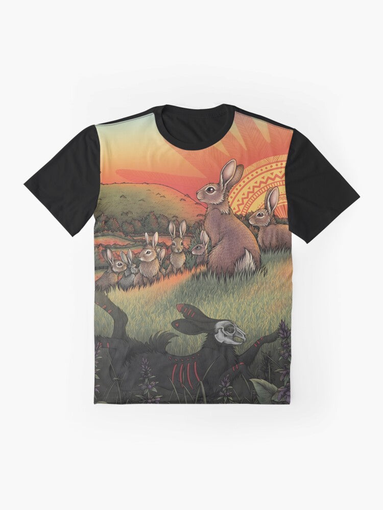 Watership Down inspired graphic t-shirt featuring rabbits and the classic literature design - Flat lay