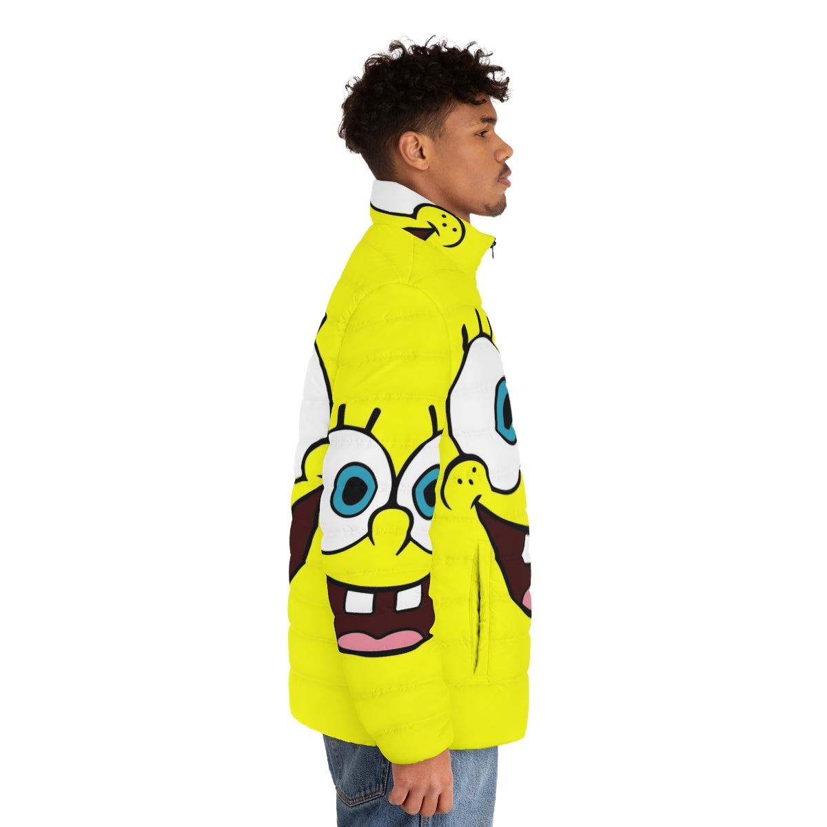 SpongeBob cartoon character printed on a yellow puffer jacket - men side right