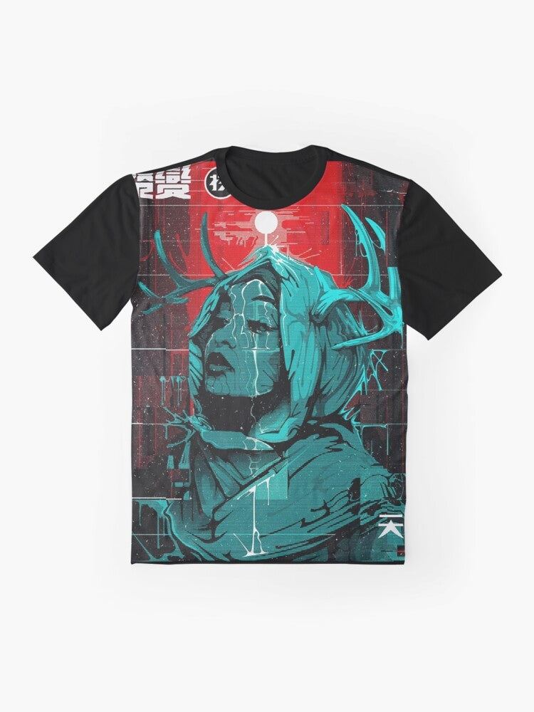 Cyberpunk glitch-inspired urban style graphic t-shirt featuring a futuristic, minimalist design - Flat lay