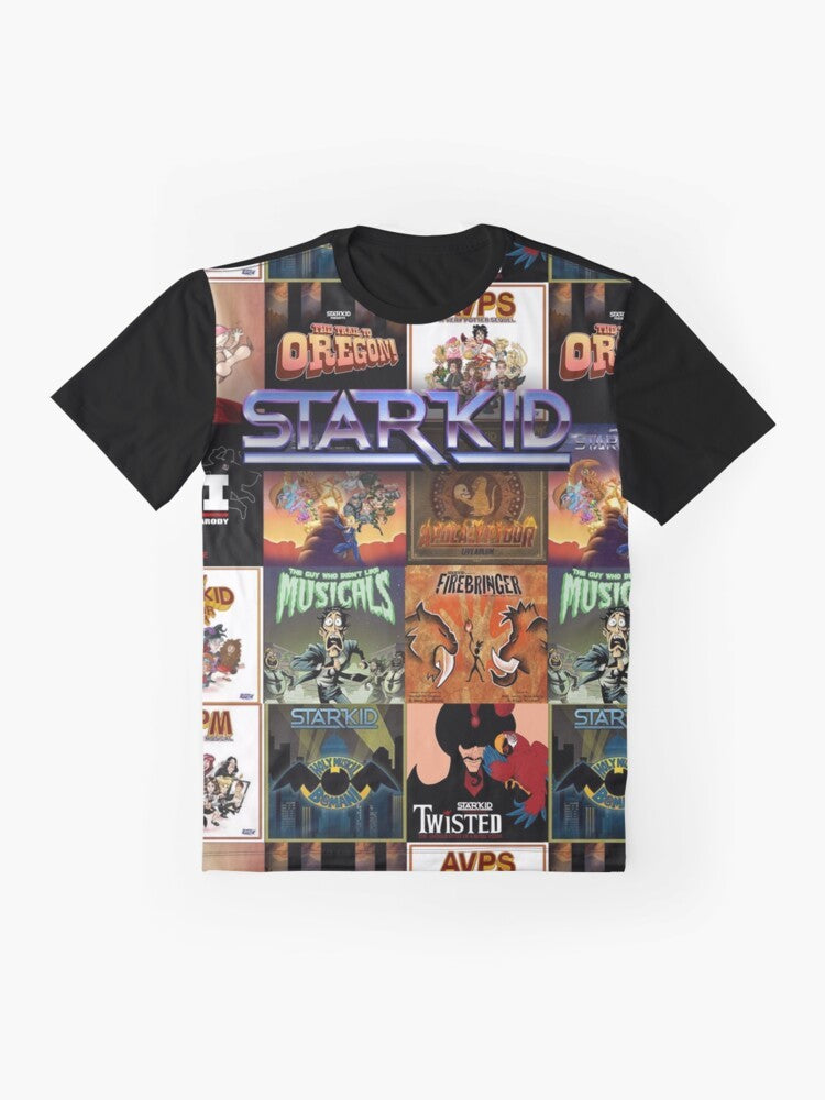 Starkid Musicals Graphic T-Shirt featuring the Starkid logo and popular musical titles - Flat lay