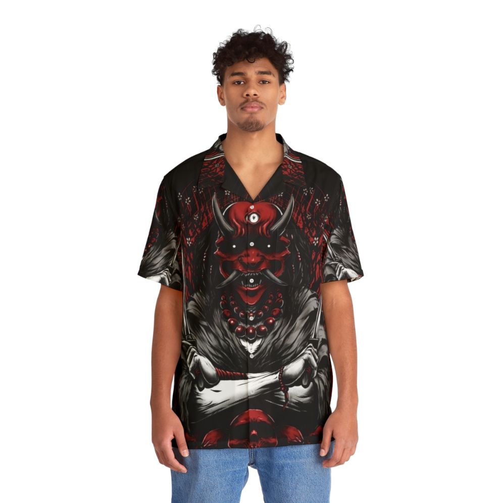 Oni Hawaiian Shirt with Demon, Skull, and Sakura Floral Design - People Front