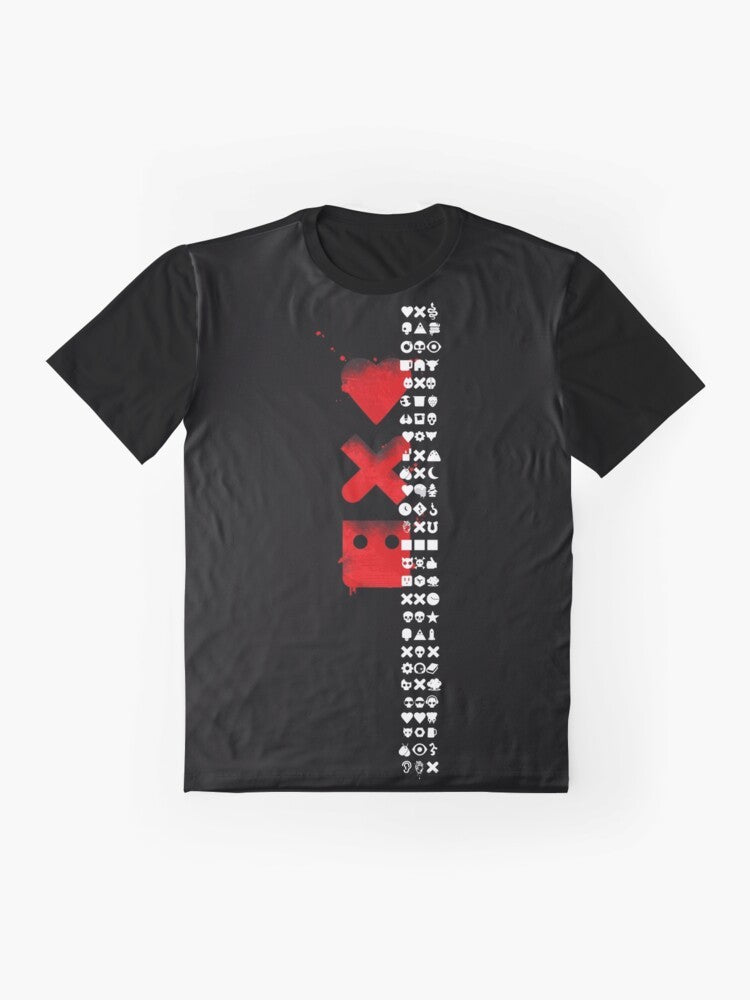 Love, Death & Robots Graphic T-Shirt featuring characters and symbols from the Netflix animated anthology series - Flat lay