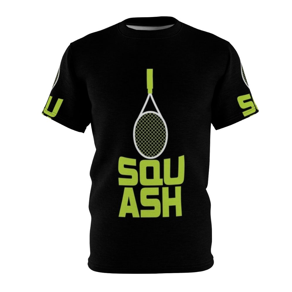 Squash racket and sports ball graphic printed on a high-quality t-shirt, perfect for squash and sports enthusiasts.