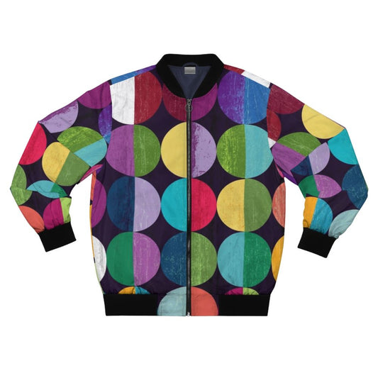 Geometric moon pattern bomber jacket with colorful shapes and textures