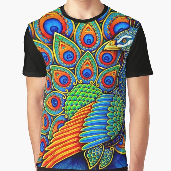 Colorful paisley peacock and rainbow graphic design on a t-shirt