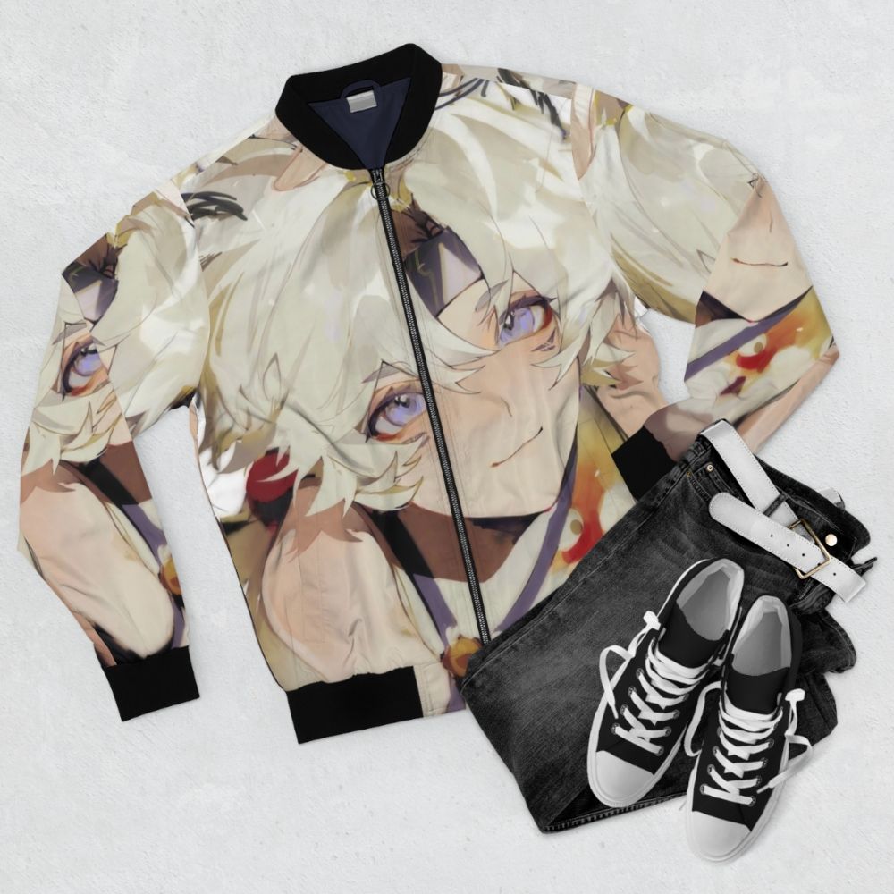 Lingyang Wuthering Waves Bomber Jacket featuring the characters and design from the popular anime and video game. - Flat lay