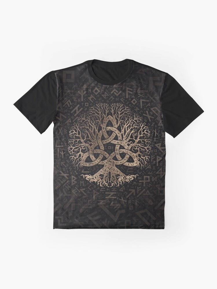 Graphic tee featuring a tree of life design with a triquetra and Futhark rune pattern in gold and black. - Flat lay