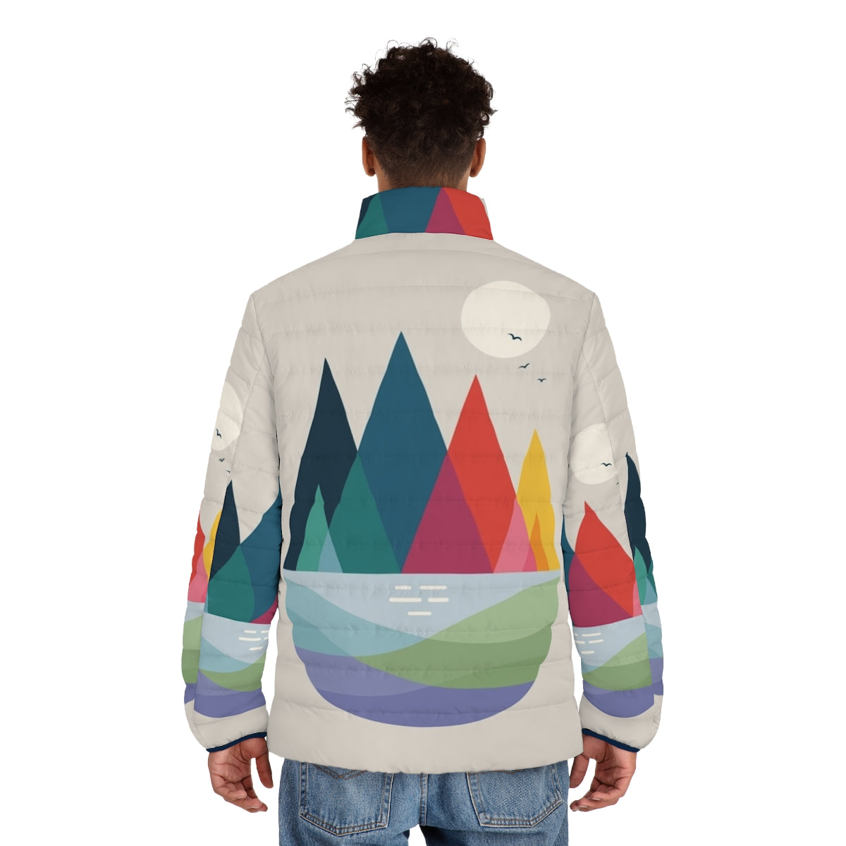 Colorful puffer jacket with geometric design and dream-like landscape - men back