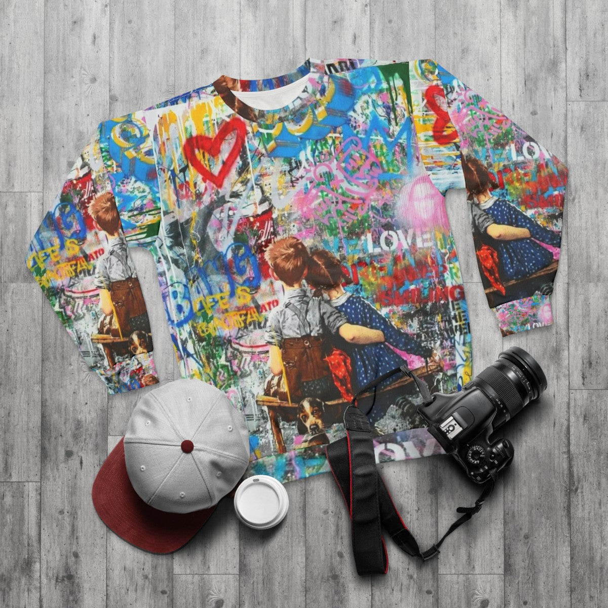 Colorful boy and girl pop art inspired collage design on sweatshirt - flat lay