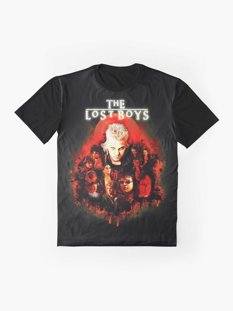 The Lost Boys 80s Horror Graphic T-Shirt featuring the iconic movie logo and characters - Flat lay