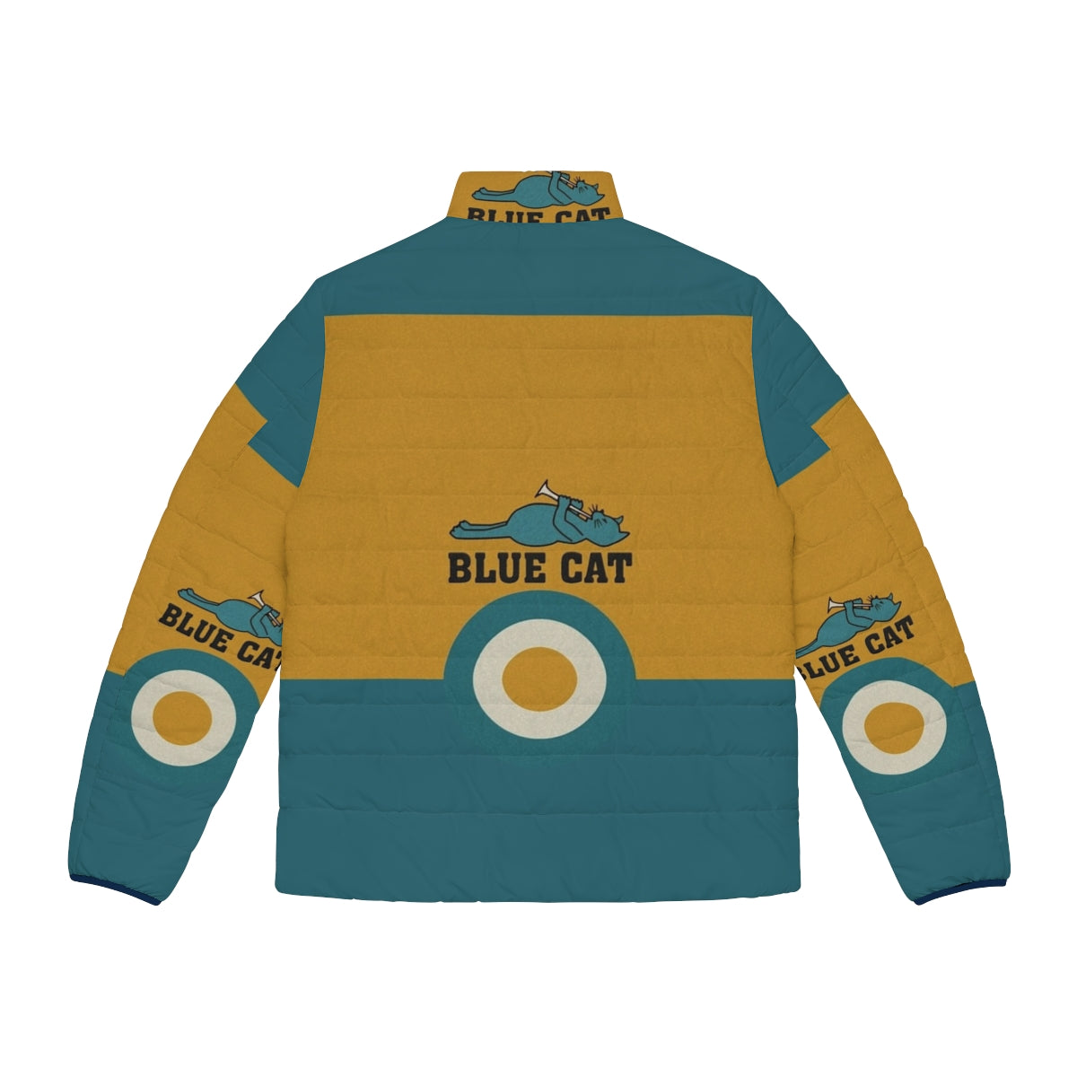 A stylish blue puffer jacket featuring a cat design, perfect for music lovers and retro fashion enthusiasts. - Back