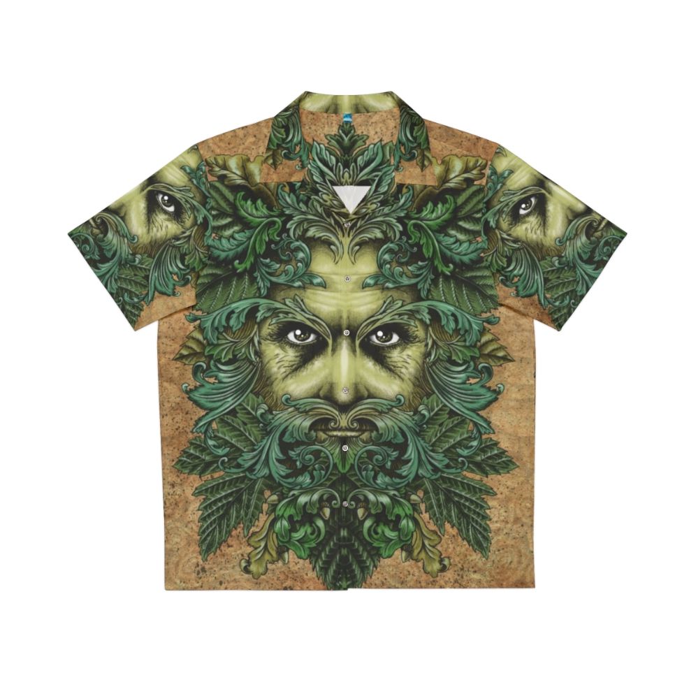 Green Man Hawaiian Shirt with Ornate Leaves and Scrollwork