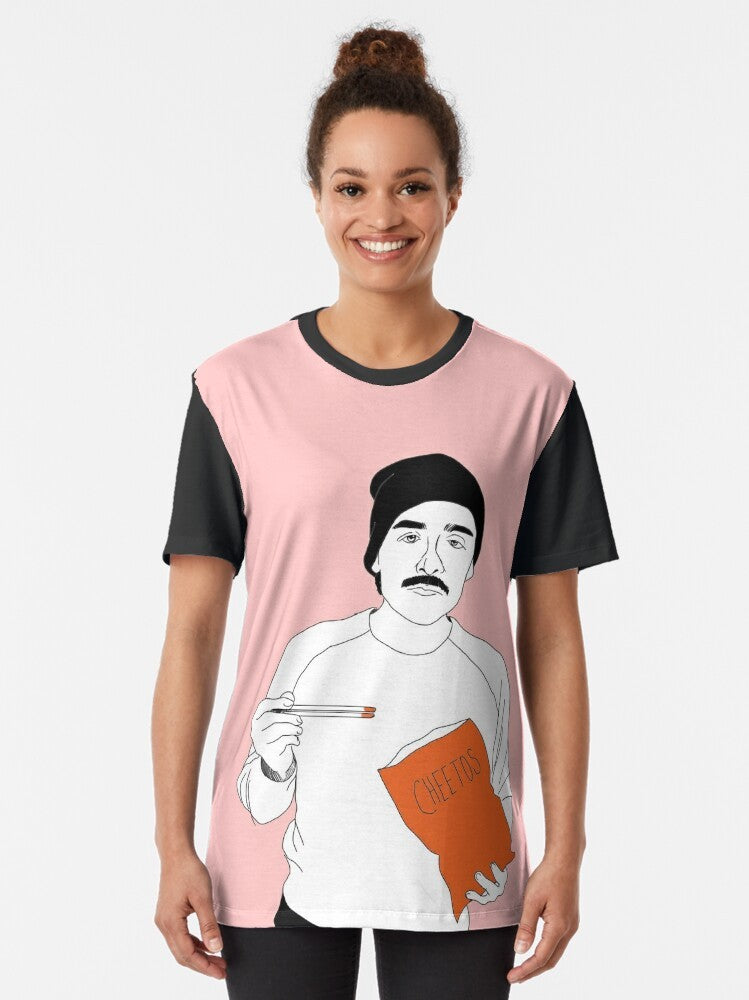 Graphic t-shirt with an image of Oscar Isaac eating Cheetos with chopsticks - Women