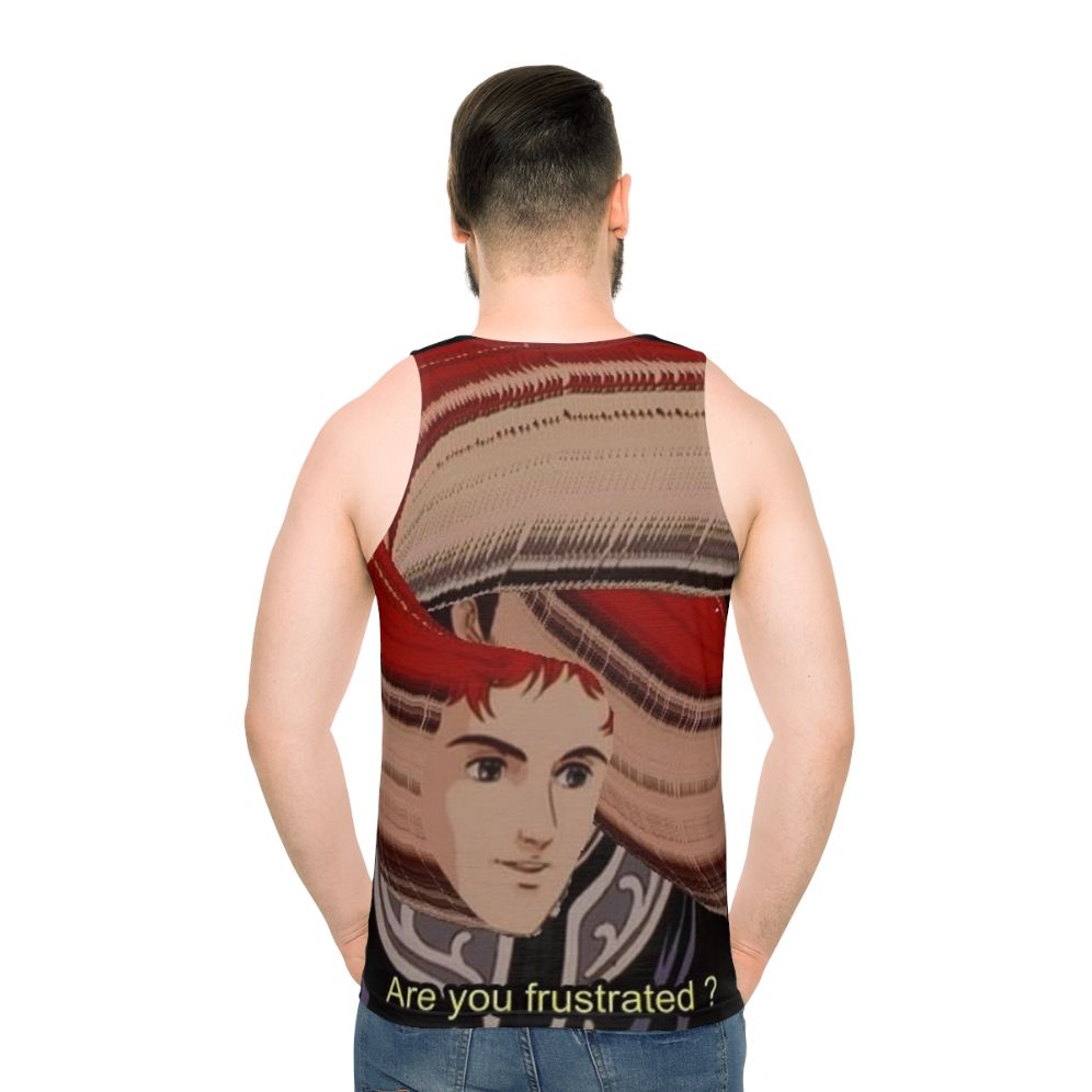 Unisex tank top with 'F R U S T R A T I O N' anime-inspired graphic design - men back