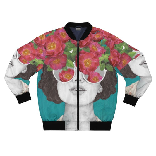 A rose-tinted watercolor bomber jacket with a surreal, abstract floral design featuring a woman's face and glasses.