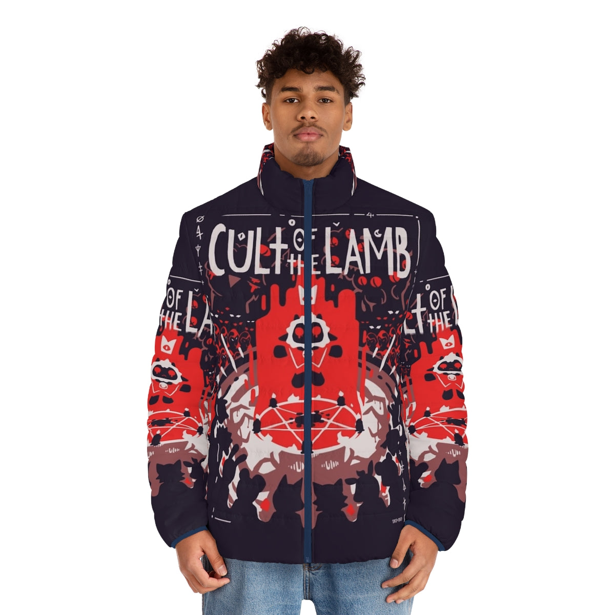 Cult of the Lamb inspired puffer jacket with sheep graphic - men front